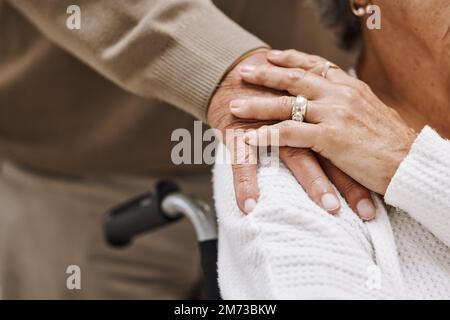 Love, disability and hands of retirement couple with care, gratitude and support in marriage. Unity, respect and senior people holding hands for Stock Photo