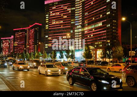 Novy Arbat (New Arbat) street illuminated at night. Moscow, Russia. Stock Photo