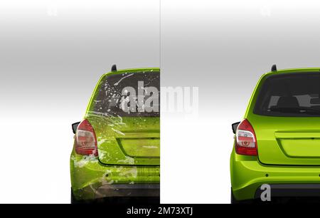 Car before and after wash. Half divided picture. Before and after effect. 3d Stock Photo