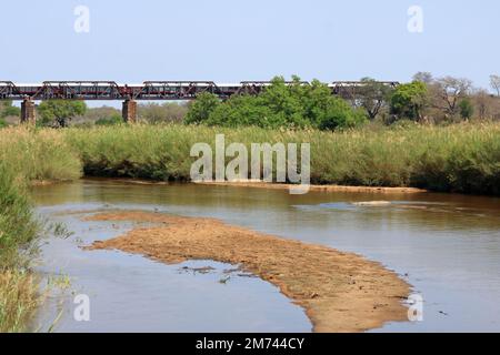 Old Railroad Bridge (now hotel) at Skukuza in Kruger National Park in South Africa Stock Photo