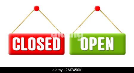 Open and Closed shop sign 3d icon hanging on a pin in red and green colors, isolated Stock Vector