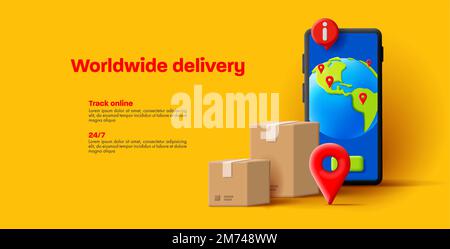 Parcel delivery. Carton boxes with smartphone and globe with tracking shipment info Stock Vector