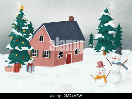 Hand-drawn red house on a white Christmas next to a decorated Christmas tree and two snowmen Stock Vector