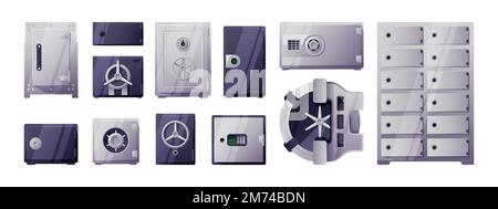Bank safe set. Cartoon money storage with lock code and security password, secure cash container, flat equipment banking savings systems. Vector colle Stock Vector