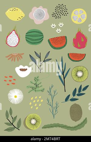 Fruit and vegetable elements on a green background vector Stock Vector