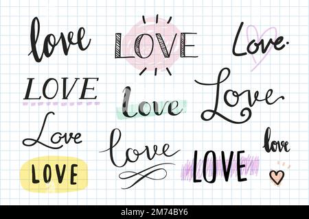 Love typography collection on a grid background vector Stock Vector