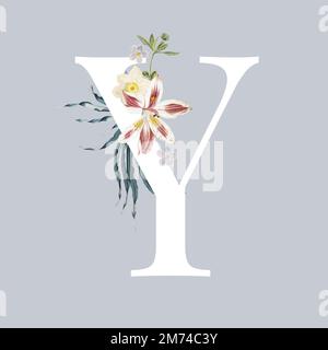 White alphabet Y decorated with hand drawn lily flowers vector Stock Vector