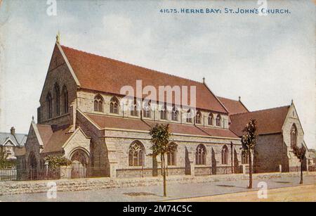 St John the Evangelist Church, Brunswick Square, Herne Bay, Kent. From a postcard circa 1903. The design was by R. Philip Day, the diocesan architect, with the building works costing an initial sum of £6,577. The foundation stone was laid by the Lord Mayor of London, Sir Horatio Davies, MP, on 28 July 1898. The church provided accommodation for 800 and was consecrated by the Bishop of Dover on 25 July 1899. The initial design called for a tower at the west end but lack of funds this was never built. In the initial phase of work only the nave and aisles were built, the chancel and transepts bei Stock Photo