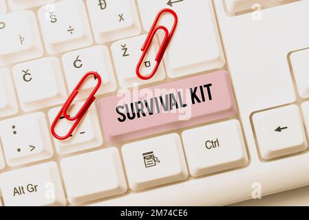 Inspiration showing sign Survival Kit. Word for Emergency Equipment Collection of items to help someone Stock Photo