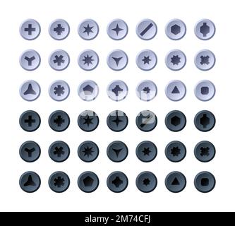 Screw heads. Cartoon round and hexagon screw-bolt caps top view, drill construction tools, mechanic workshop hardware devices. Vector isolated set of Stock Vector