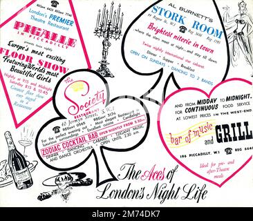 An early 1960s advertisement entitled, “The Aces of London’s Night Life” promoting a group of fashionable West-end night clubs and restaurants, including Pigalle in Piccadilly; Al Burnett’s Stork Room; The Society Restaurant; Zodiac Cocktail Bar; and Bar of Music and Grill. The design is very evocative of the period. Stock Photo