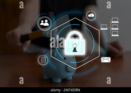 Digital padlock icon, cyber security network and data protection technology on virtual interface screen. Online internet authorized access against Stock Photo