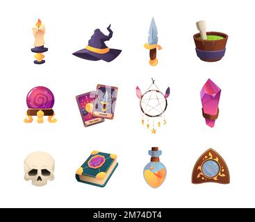 Cartoon magic items. Witchcraft alchemy mystery elements, witch crystal potion bottle cauldron amulet wizard elixir wand flat style. Vector colorful s Stock Vector