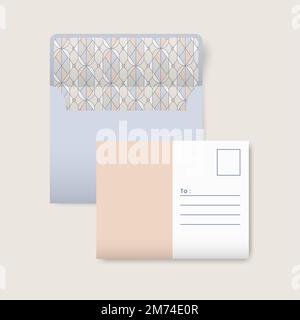 Beige and white postcard with a pastel geometric pattern on blue envelope vector Stock Vector