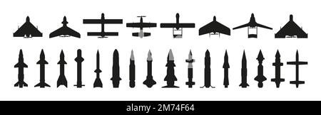 Missiles silhouette. Military guided aircraft weapon with warheads, black army munition, flying explosive missilery flat style. Vector collection of m Stock Vector