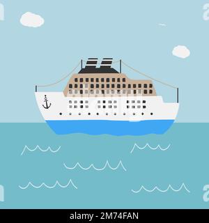 scandinavian style illustration of cruise ship on blue sea, scandi vector drawing for children Stock Vector