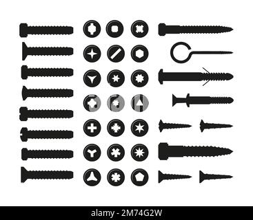 Black screws and bolts. Wall plug nail and nuts silhouettes repairing fasten tools, cartoon building carpentry supplies, wood and metal joints. Illust Stock Vector