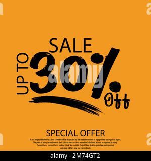 Sale Discount Tag 30% Percent Off Funny Black Typography Text on Yellow Background of an advertising campaign Stock Vector