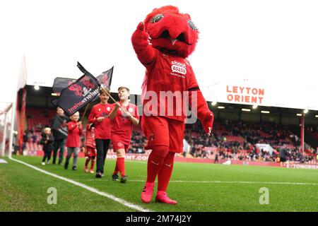 Leyton Orient mascot 'Theo Wyvern' before the Sky Bet League One match at the Breyer Group Stadium, London. Picture date: Saturday January 7, 2023. Stock Photo