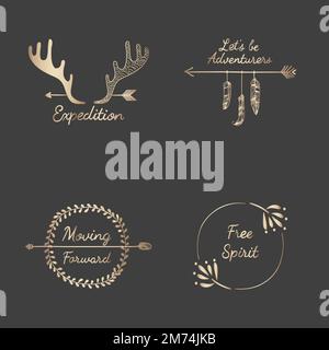 Travel quotes with rose gold hand sketched badges ornament vector set Stock Vector