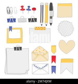 Note papers and office supplies doodle vector set Stock Vector