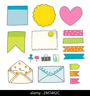 Note papers and office supplies doodle vector set Stock Vector