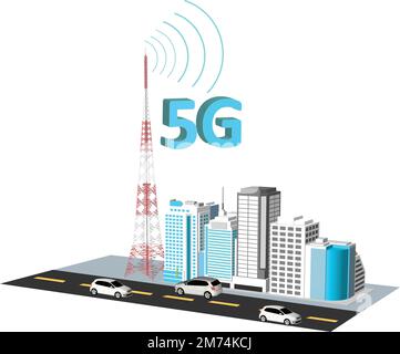 5g network logo over the smart city with icons of town infrastructure skyscrapers. High speed, broadband telecommunication wireless internet concept Stock Vector