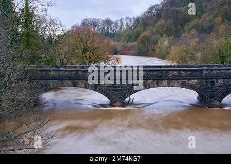 The Ynys Bridge over a full River Taff after heavy rain in South Wales Stock Photo