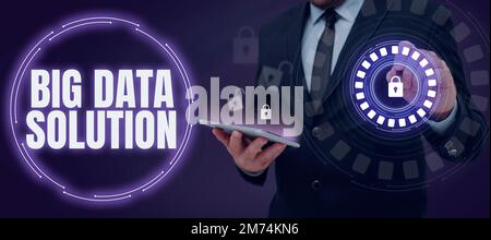 Hand writing sign Big Data Solution. Word Written on Extracting value from huge volumes of a variety of facts Stock Photo