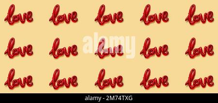 Many balloons in shape of word LOVE on beige background. Patter for Valentine's Day Stock Photo