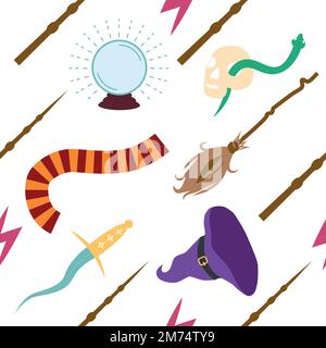 Witches school of magical objects seamless pattern in flat style. Broom, candle, skull, zipper, scarf, hat, potion, glasses knife Stock Vector