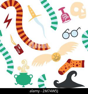 Witches school of magical objects seamless pattern in flat style. Broom, candle, skull, zipper, scarf, hat, potion, glasses knife Stock Vector