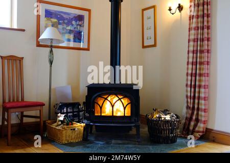 A blazing wood burning stove - John Gollop Stock Photo