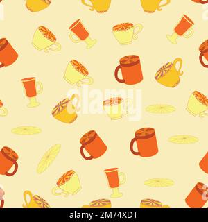 Cups and saucers bright seamless pattern. Tea, tea shop, coffee. Wallpaper, wrapping paper fabric Stock Vector