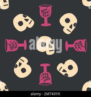 Skull, snake, goblet, magic symbols seamless pattern. Magic and death, on a dark background Stock Vector