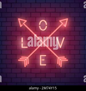 Neon light love word on brick wall Stock Vector