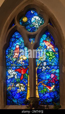 Stained glass window designed by John Piper in St Bartholomew's Church in Nettlebed village, Oxfordshire, England, UK. South window. Stock Photo