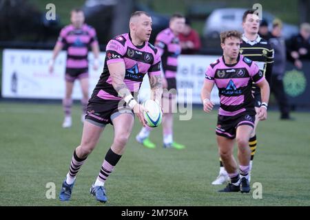 Melrose, UK. 07th Jan, 2023. National League One, Rugby Action, 3third place Melrose Rugby host second in the league Ayr RFC at The Greenyards, Melrose on Saturday 07 January 2023 Jamie Bova ( Ayr RFC ) with ball in hand about to kick down field in the first half. ( Credit: Rob Gray/Alamy Live News Stock Photo