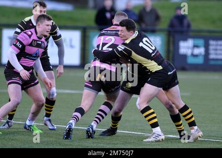 Melrose, UK. 07th Jan, 2023. National League One, Rugby Action, 3third place Melrose Rugby host second in the league Ayr RFC at The Greenyards, Melrose on Saturday 07 January 2023 Jamie Bova ( Ayr RFC ) tackled by Struan Hutchison ( Melrose Rugby ) ( Credit: Rob Gray/Alamy Live News Stock Photo