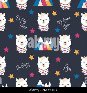 Seamless pattern with llama, alpaca faces. Cute drawings of llama head with hearts, inscription, mountains, cacti, star, dreamcatcher. Hand drawing fo Stock Vector