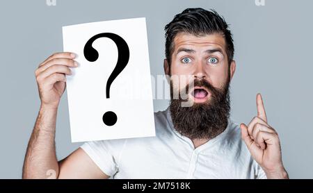 Question mark, symbol. Concept - challenging issue, looking for the answer. Man Question, emotion. Man question. Male with question marks. Getting ans Stock Photo