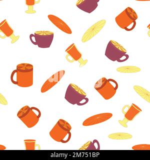 Cups and saucers bright seamless pattern. Tea, tea shop, coffee. Wallpaper, wrapping paper fabric Stock Vector