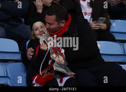 Coventry, UK. 7th Jan, 2023. A Wrexham fan holds a tin foil cup before the The FA Cup match at the Coventry Building Society Arena, Coventry. Picture credit should read: Darren Staples/Sportimage Credit: Sportimage/Alamy Live News Stock Photo
