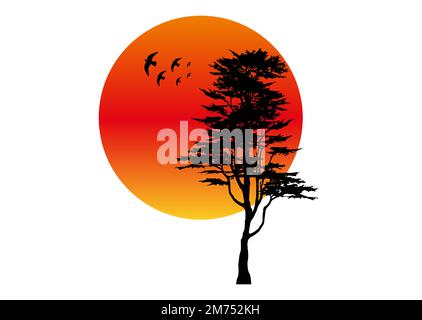 Tree silhouette and eagles, red sunset landscape logo concept, vector isolated on white background Stock Vector