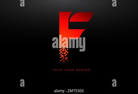 F Initial Letter Logo Design with Digital Pixels in Red Colors. Stock Vector