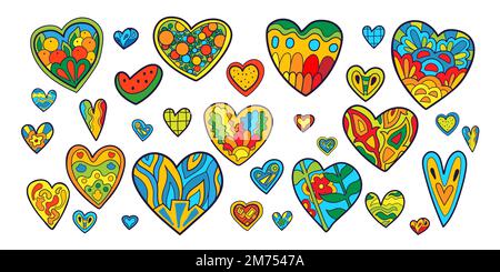Big set of psychedelic hearts in Boho style, colored rainbow stickers for valentine's day. Vector illustration for banners, backgrounds, textures Stock Vector