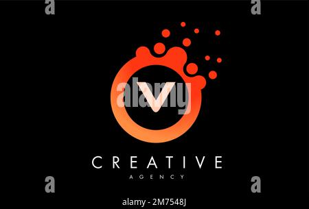 Orange v Dots Letter Logo. Blue Bubble Design Vector Illustration. Stock Vector