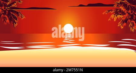 Beach scenery with sunset, sea, waves, coconut trees and reddish sky. Stock Photo