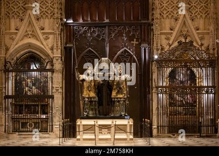 The Tomb of Christopher Columbus located inside of the Cathedral of Seville Stock Photo