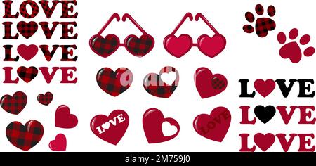 Buffalo Valentine's Day. Set of vector illustration isolated on white background. Valentine hearts, glasses, traces, signs.Nice design for greeting ca Stock Vector